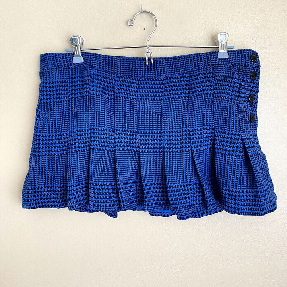 Miley Cyrus Max Azria Size 11 Blue Houndstooth Short Pleated Mini Skirt Buttons